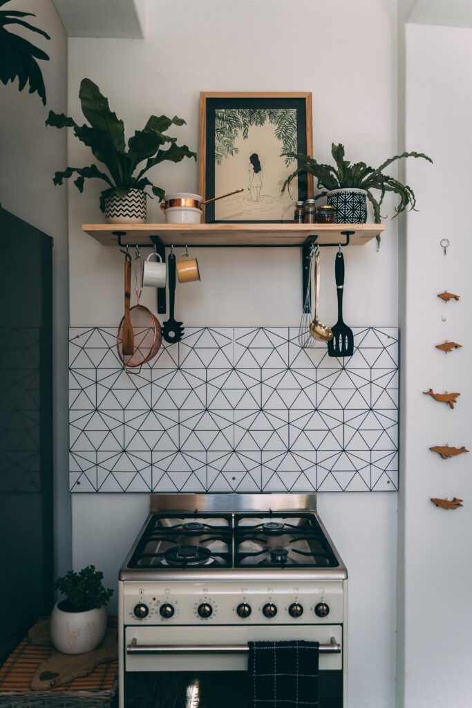 a kitchen with a stove and potted plants.